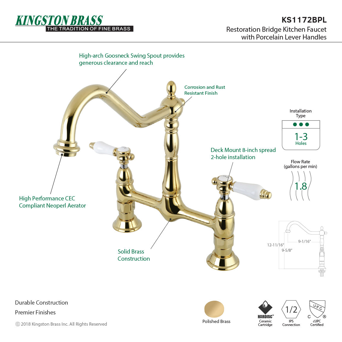 Kingston Heirloom KS1172BPL - Bel-Air Two-Handle 2-Hole Deck Mount Bridge Kitchen Faucet, Polished Brass — thumbnail 2